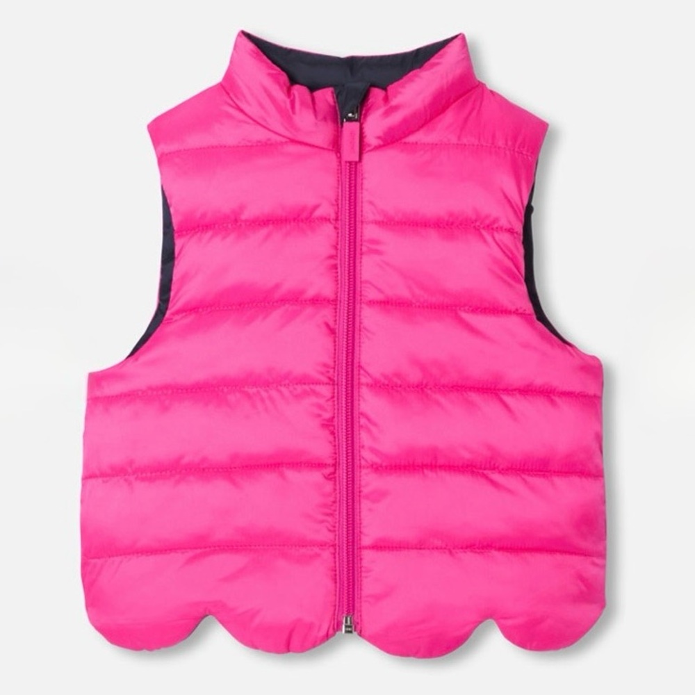 Jacadi Baby Girl Reversible (Hot Pink/Navy) Sleeveless Puffer Scallop Vest - 12M